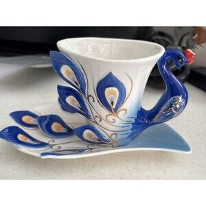Peacock Tea Cup & saucer porcelain handcrafted  white blue gold Enamel Paint